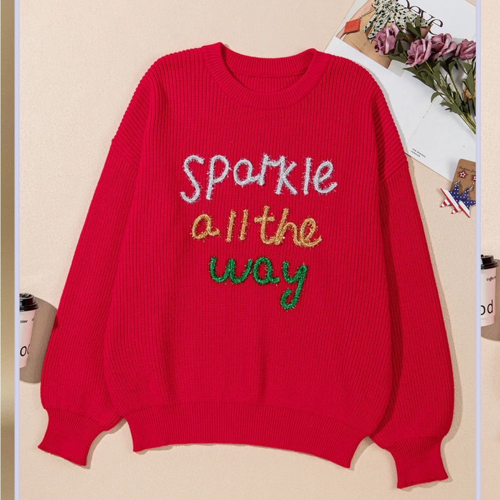 NWT Main‎ Strip Sparkly Christmas Red Sweater with Sparkle Design Size Large